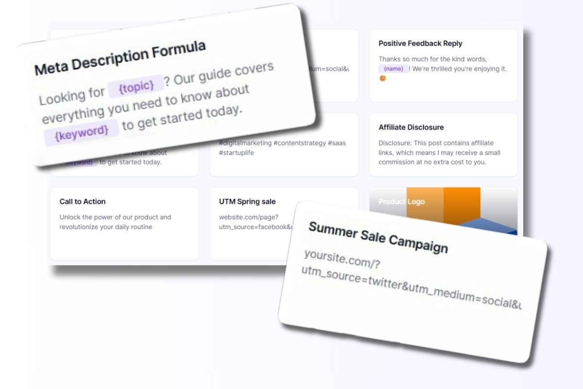 A board showing a mix of link clips, hashtag sets, and text templates for social media.