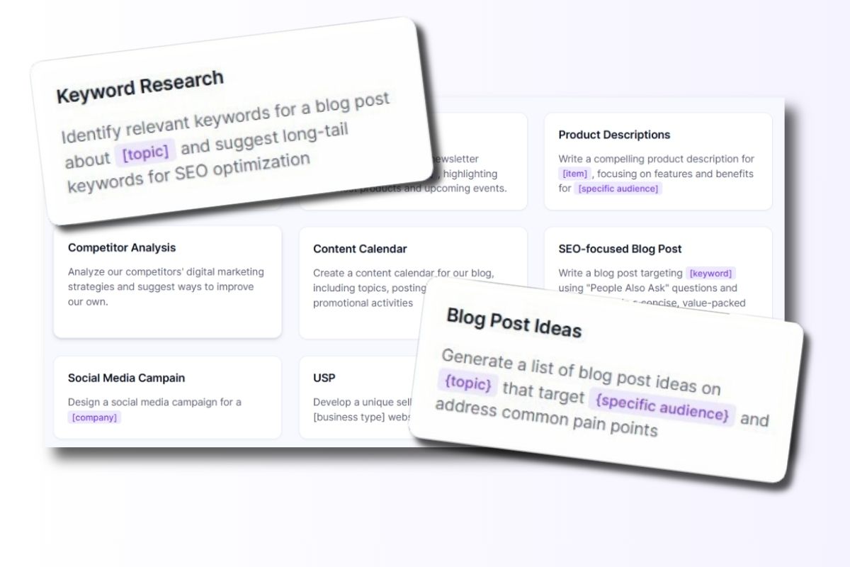 An organized board of AI prompts for different tasks in Click to Copy.